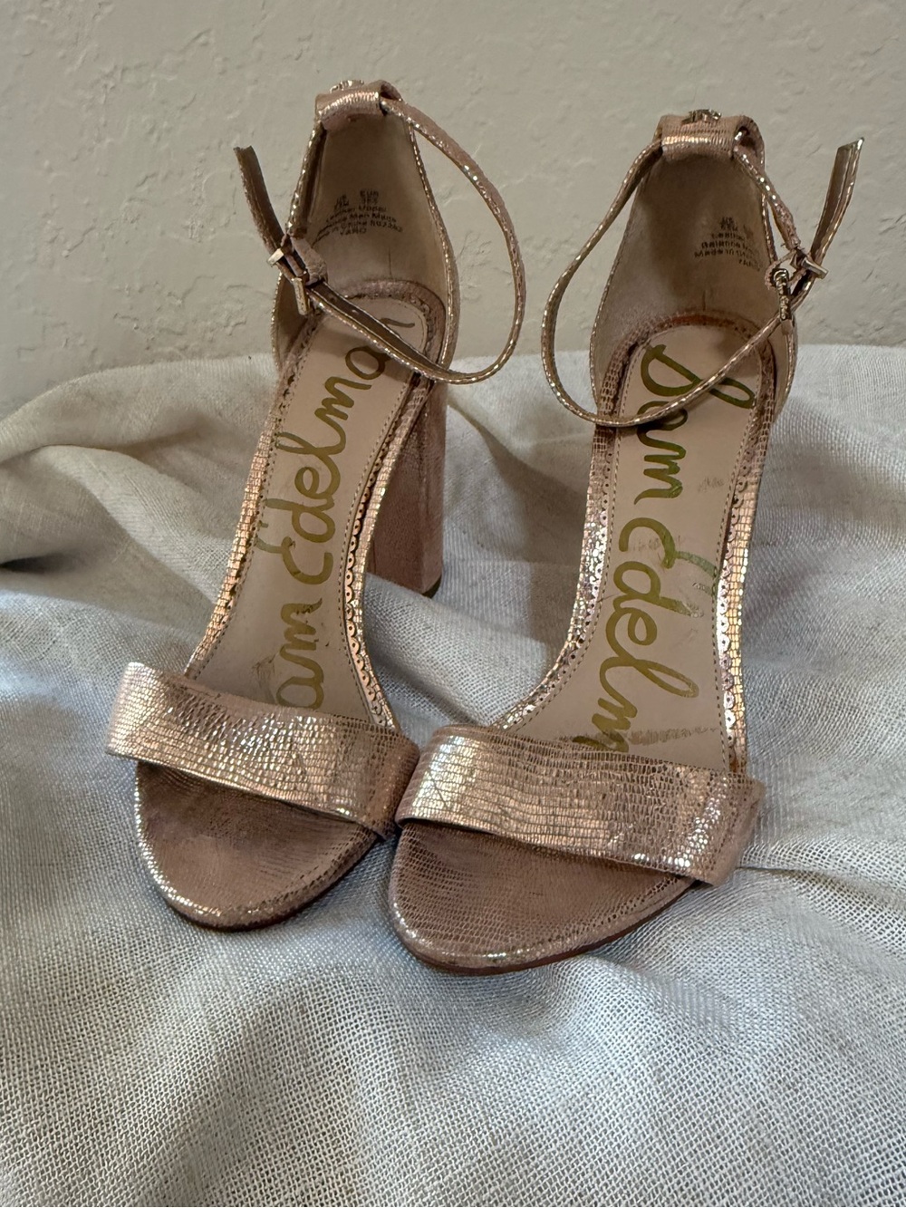 Sam Edelman Metallic Rose Gold Block Heel Sandals with Ankle Strap